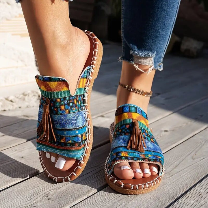 Damen Boho-Ethno-Quasten-Pantoletten mit geflochtener Sohle und gepolstertem Fußbett – Sorelia