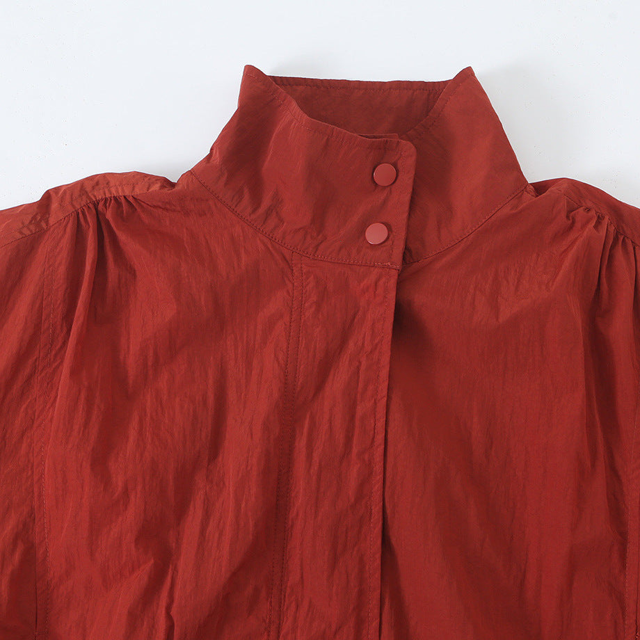 Damen Leichte Cropped Bomberjacke mit Stehkragen, elastischem Saum und Druckknopfleiste Echoarchiv