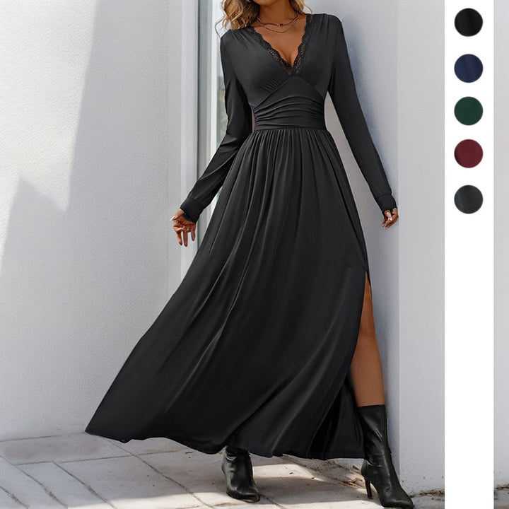 Damen Maxikleid mit V-Ausschnitt und Spitzenbesatz, tailliertem Wickeloberteil, langen Ärmeln und hohem Beinschlitz – Valéora