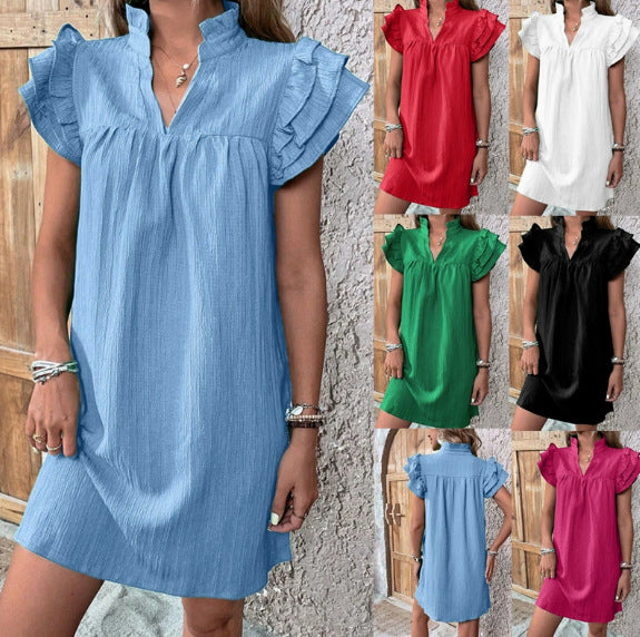 Damen Crinkle-Minikleid mit Stehkragen, V-Ausschnitt und Volantärmeln – Élara