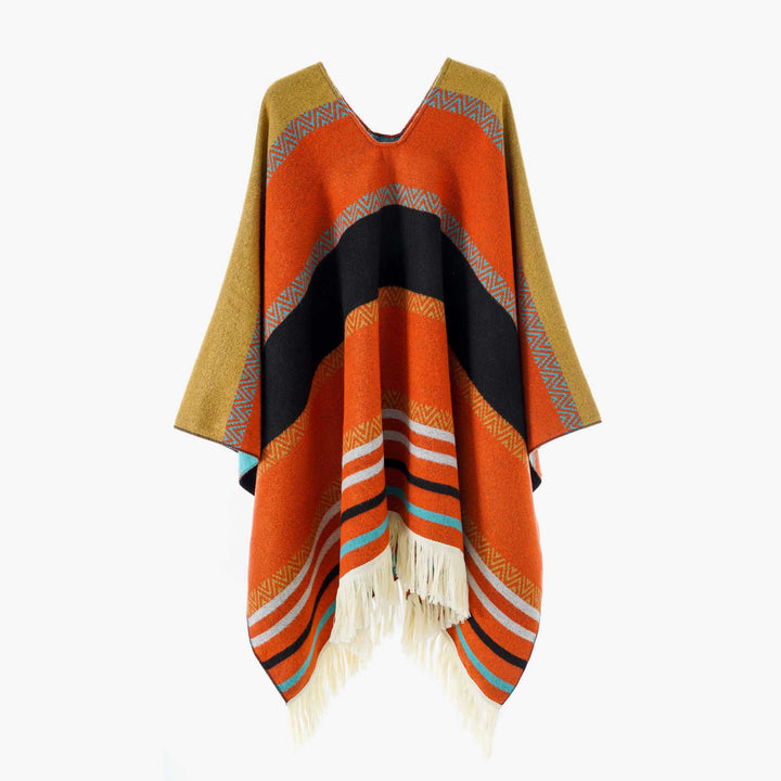 Damen Oversize Poncho-Cape mit V-Ausschnitt und Fransensaum – Avérine