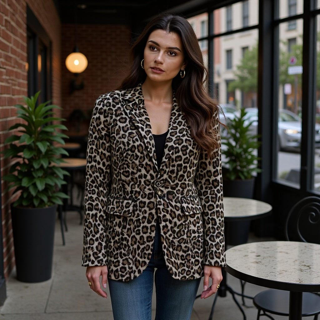 Damen Leopardenprint Bouclé-Blazer mit Reverskragen und aufgesetzten Pattentaschen Echo Archiv