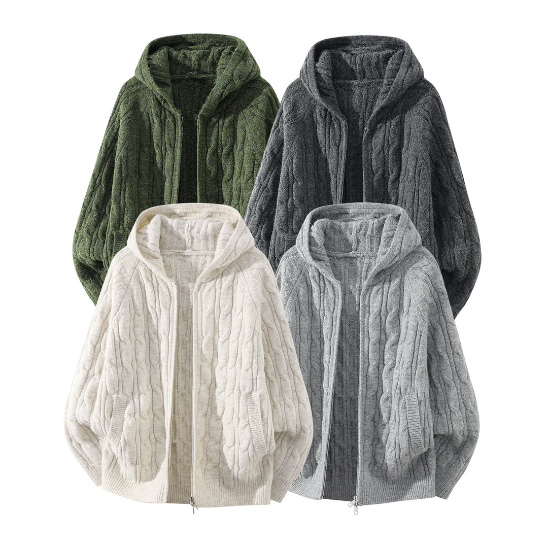 Damen Oversize Kapuzen-Strickjacke mit Zopfmuster und teilbarem Reißverschluss Echoarchiv