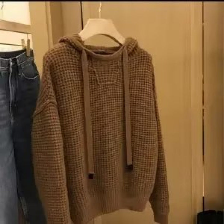 Damen Grob gestrickter Kapuzenpullover mit Waffelstruktur und Kordelzug Echoarchiv