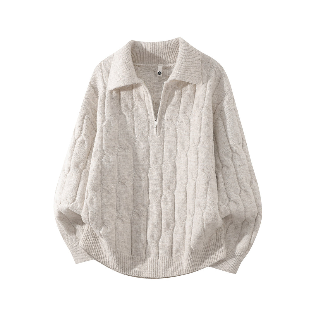 Unisex Oversize Zopfstrickpullover mit Halbreißverschluss und Hemdkragen Echoarchiv