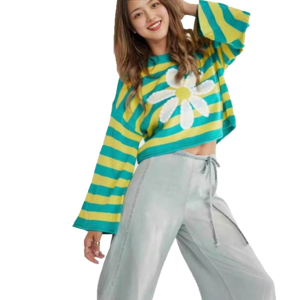 Damen Modischer gestreifter Crop-Pullover mit Blumenmuster – Mavelle