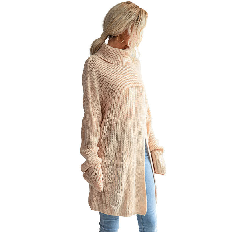 Damen Langer Rollkragen-Strickpullover als Tunika mit hohem Seitenschlitz und Oversize-Ärmeln Echoarchiv