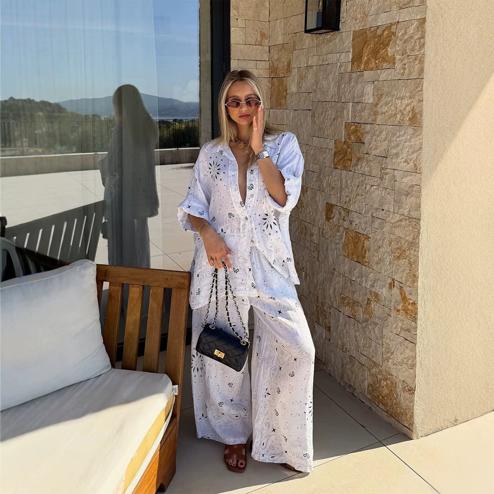 Damen nan luftiger Lochstickerei Strand-Zweiteiler mit Oversize-Hemd, Brusttasche und weiter Palazzohose Echo Archiv