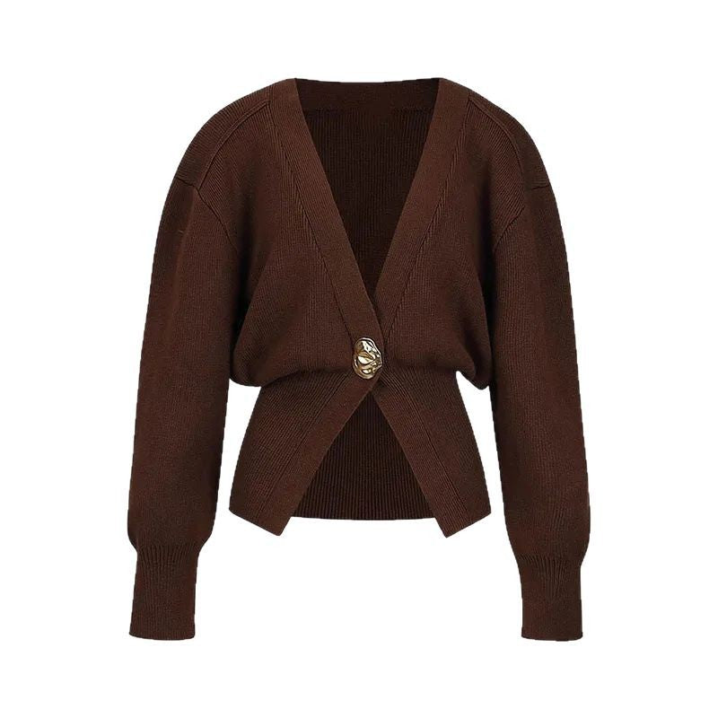 Damen 500+ Cropped‑Cardigan mit Taillenraffung, tiefem V‑Ausschnitt und großem Zierknopf Echo Archiv