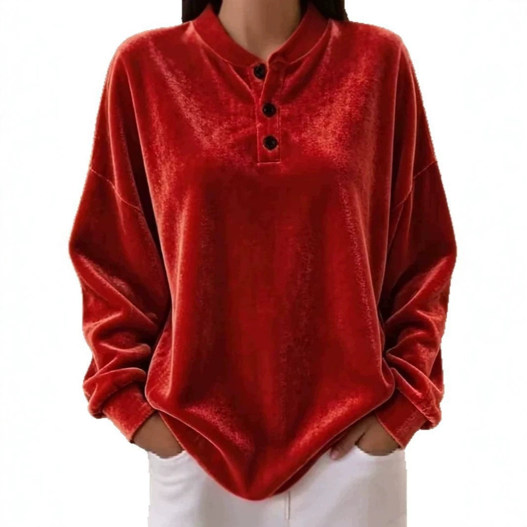 Damen Lässiges Oversize Samt-Henleyshirt mit Knopfleiste Echoarchiv