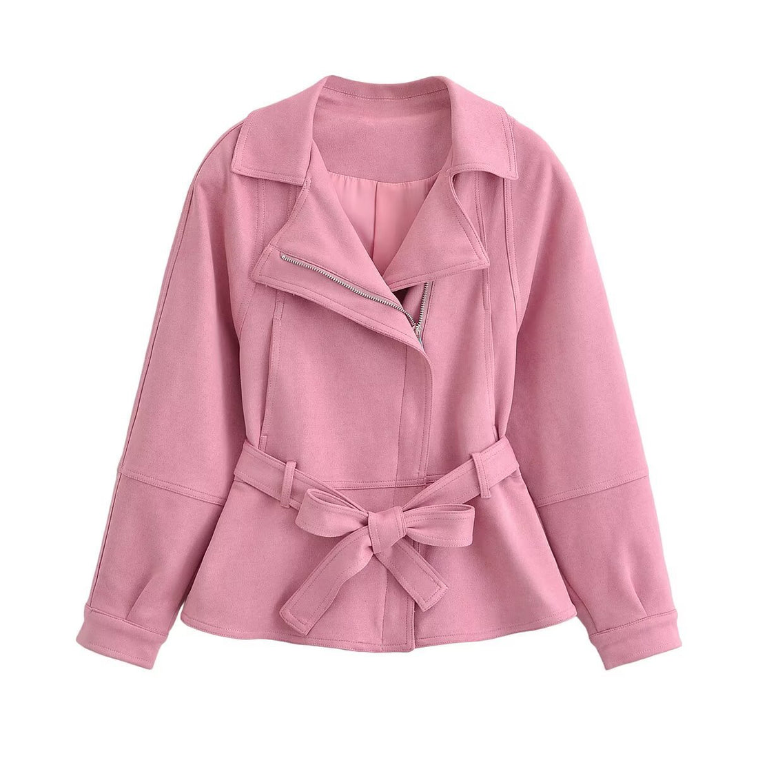 Damen taillierte Kurzjacke im Peplum‑Schnitt mit Schleifen‑Bindegürtel und asymmetrischem Reißverschluss Echoarchiv
