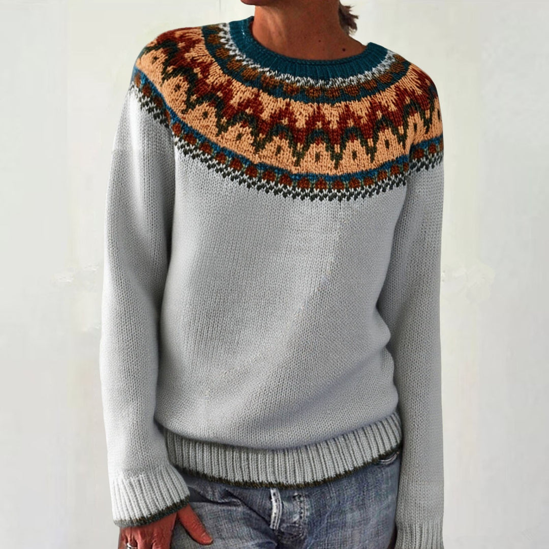 Damen nan melierter Rundhalsausschnittpullover mit kreisförmigem Jacquard-Yoke und geripptem Saum Echo Archiv