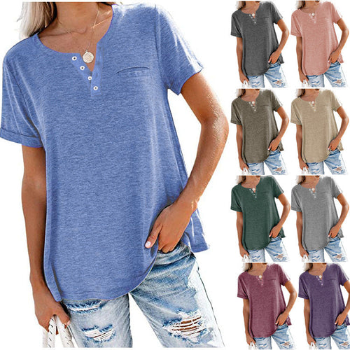 Damen hochwertiges T-Shirt mit Knopfdetail und lockerem Schnitt Echoarchiv