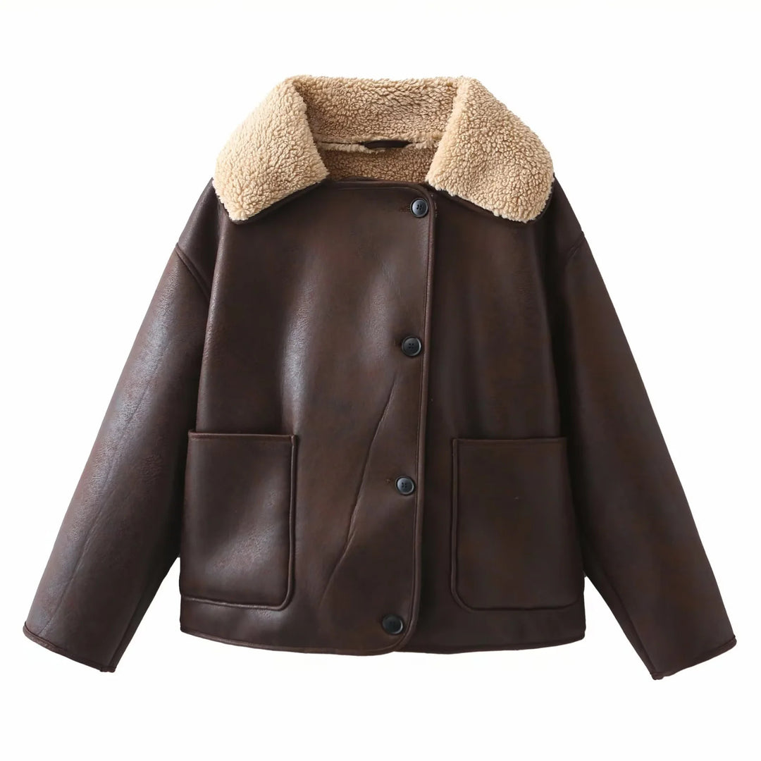 Damen kastige Kunstleder‑Schaffelljacke mit großem Teddykragen, aufgesetzten Fronttaschen und Knopfverschluss – Célinea