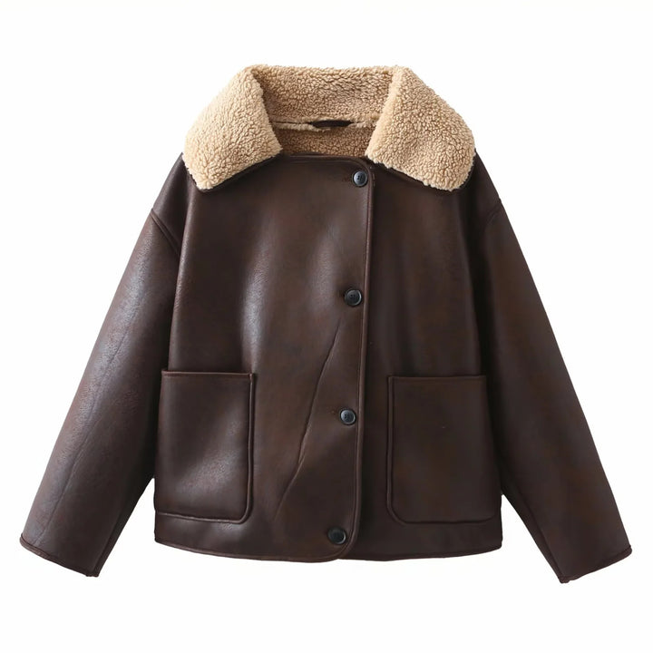 Damen kastige Kunstleder‑Schaffelljacke mit großem Teddykragen, aufgesetzten Fronttaschen und Knopfverschluss – Célinea