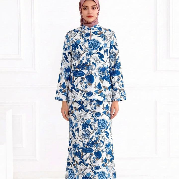 Damen Zweiteiliges Modest-Set aus Tunika mit Stehkragen und geradem Maxirock mit Blumenprint Echo Archiv