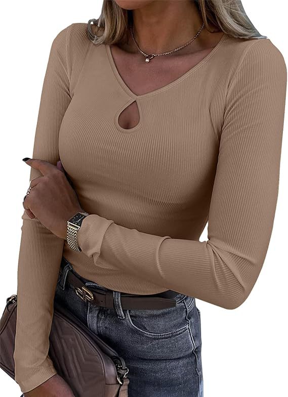 Damen Tailliertes geripptes Langarmshirt mit V-Ausschnitt und Tropfen-Cut-Out Echo Archiv