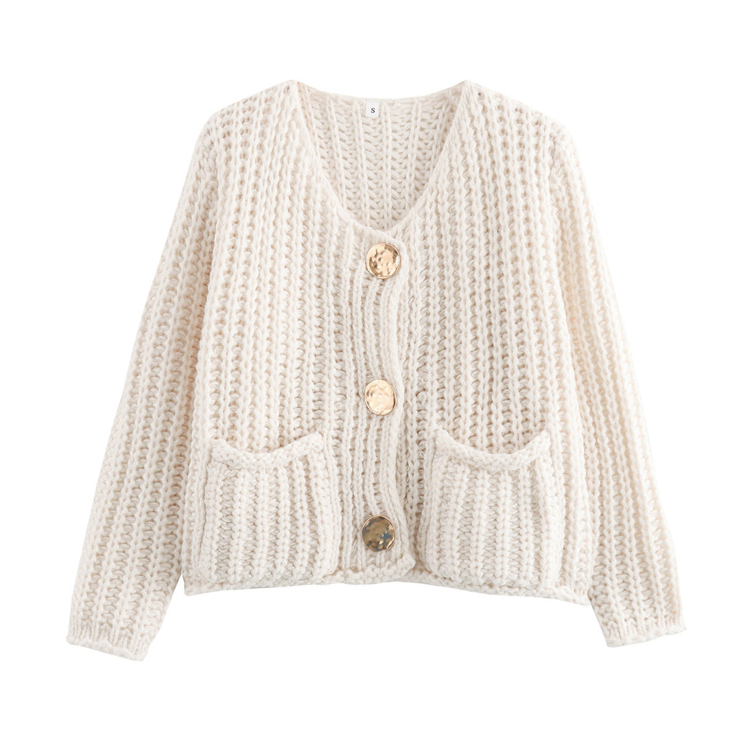 Damen Grobstrick-Cardigan mit V‑Ausschnitt, goldener Knopfleiste und aufgesetzten Taschen Echo Archiv