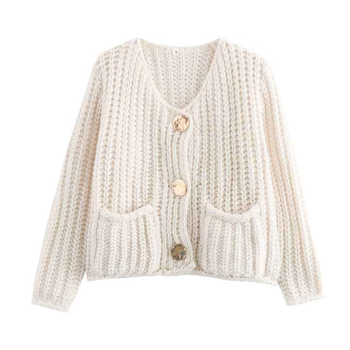 Damen Grobstrick-Cardigan mit V‑Ausschnitt, goldener Knopfleiste und aufgesetzten Taschen Echo Archiv