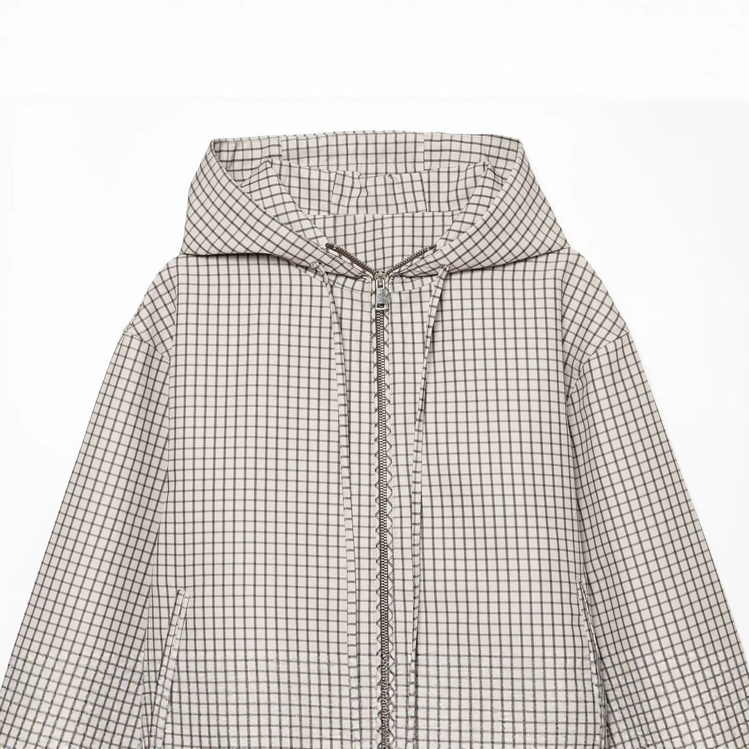 Damen Karierter Cropped‑Windbreaker mit Kapuze, Tunnelzug und Reißverschluss Echo Archiv