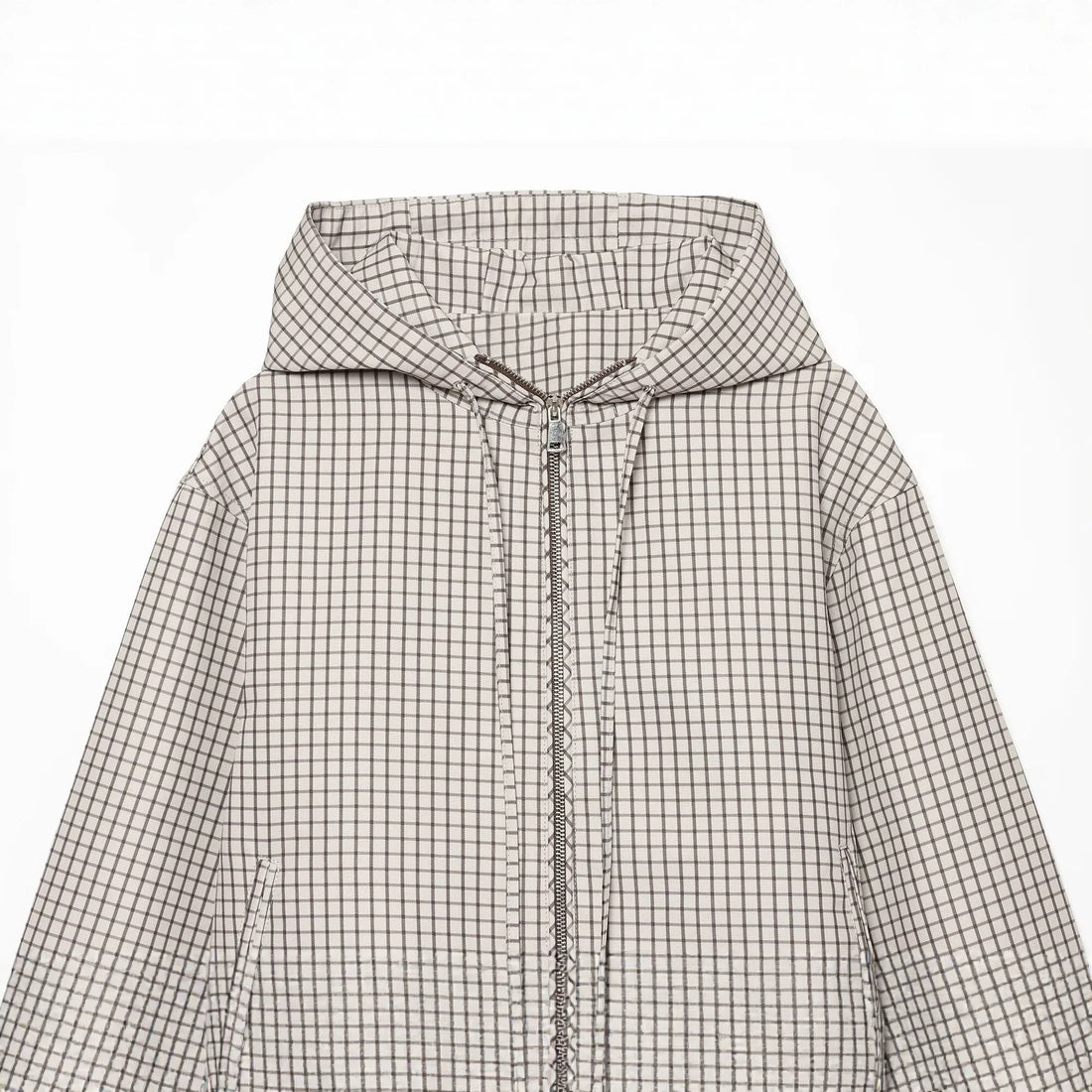 Damen Karierter Cropped‑Windbreaker mit Kapuze, Tunnelzug und Reißverschluss Echo Archiv