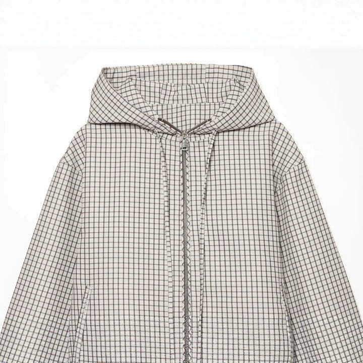 Damen Karierter Cropped‑Windbreaker mit Kapuze, Tunnelzug und Reißverschluss Echo Archiv