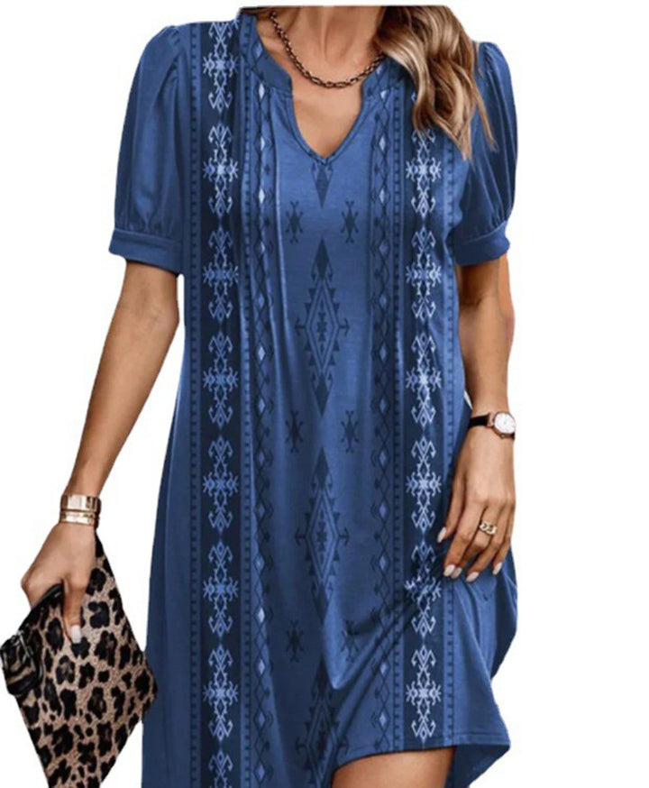 Damen nan locker geschnittenes A-Linien-Kurzkleid mit V-Ausschnitt, Volumenärmeln und vertikalem Ethno-Print Echo Archiv