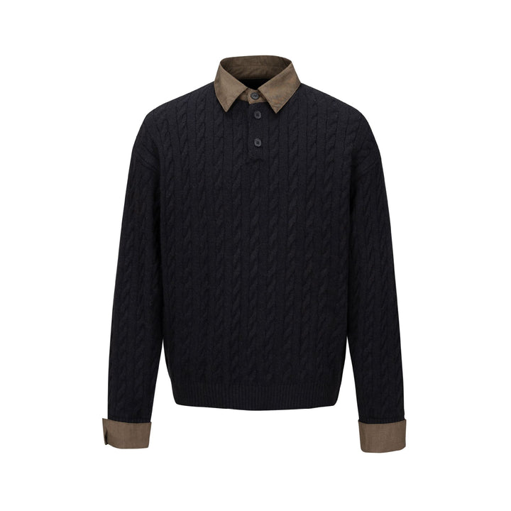 Herren Strukturierter Strickpullover mit integriertem Hemdkragen und Dreiknopf‑Leiste Echoarchiv