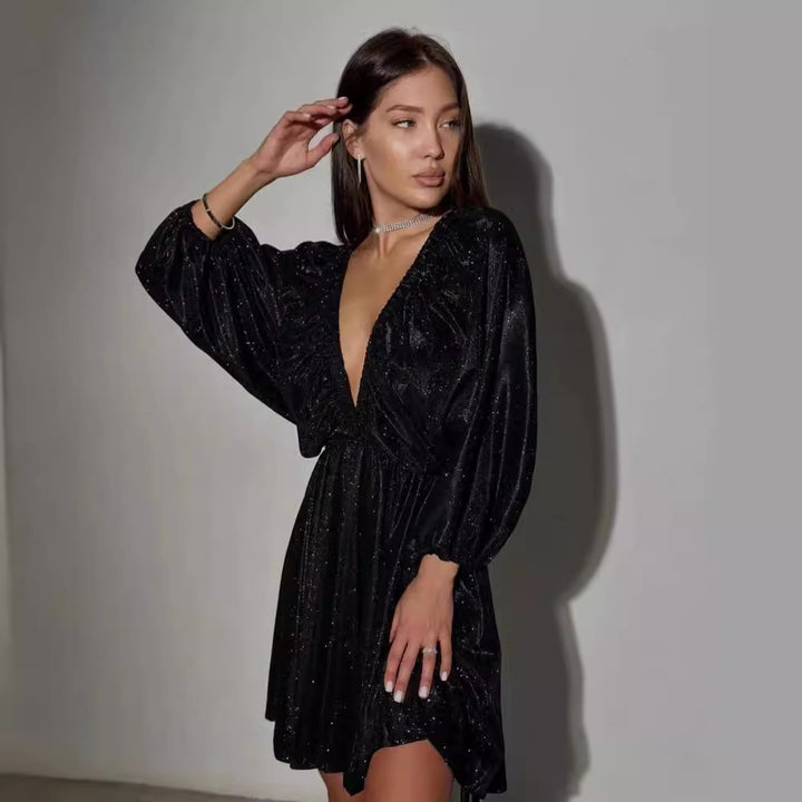 Damen Glitzerndes Abendkleid mit tiefem V Ausschnitt, Ballonärmeln und taillenbetonter Glockenrock Echoarchiv