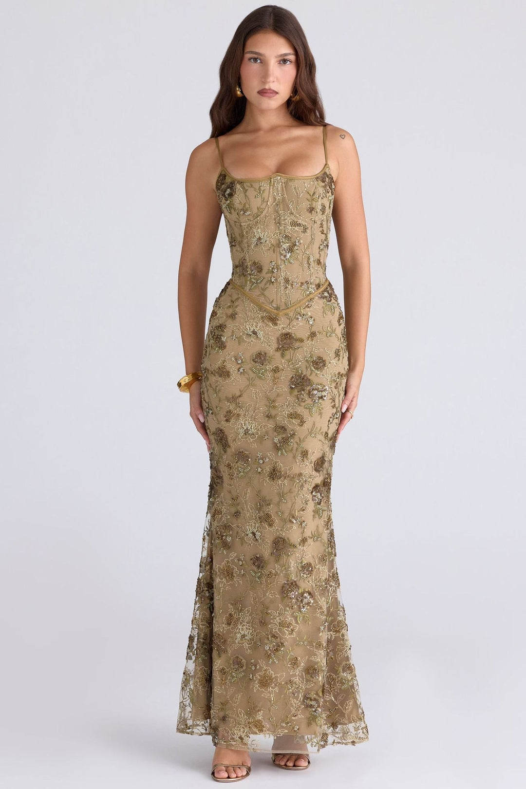 Damen nan elegantes besticktes Abendkleid mit Korsettoberteil und transparentem Spitzenüberzug Echoarchiv