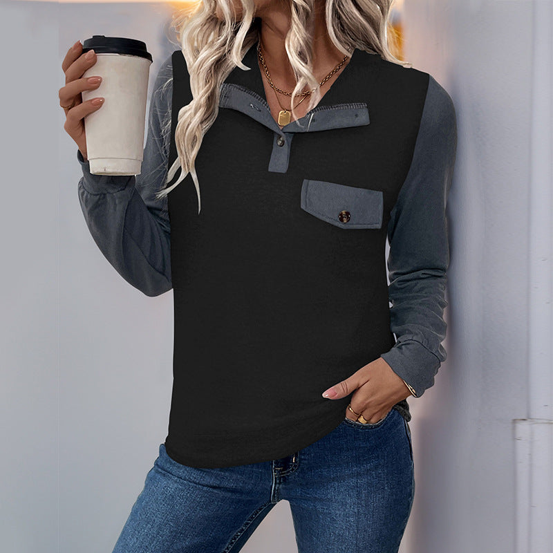 Damen Two‑Tone Langarmshirt mit Kontrastärmeln, Henley‑Knopfleiste und Brusttasche Echoarchiv