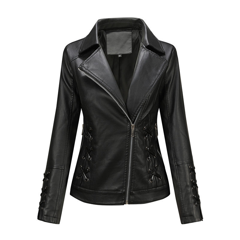 Damen Taillierte Bikerjacke aus Kunstleder mit seitlicher Schnürung und asymmetrischem Reißverschluss Echoarchiv