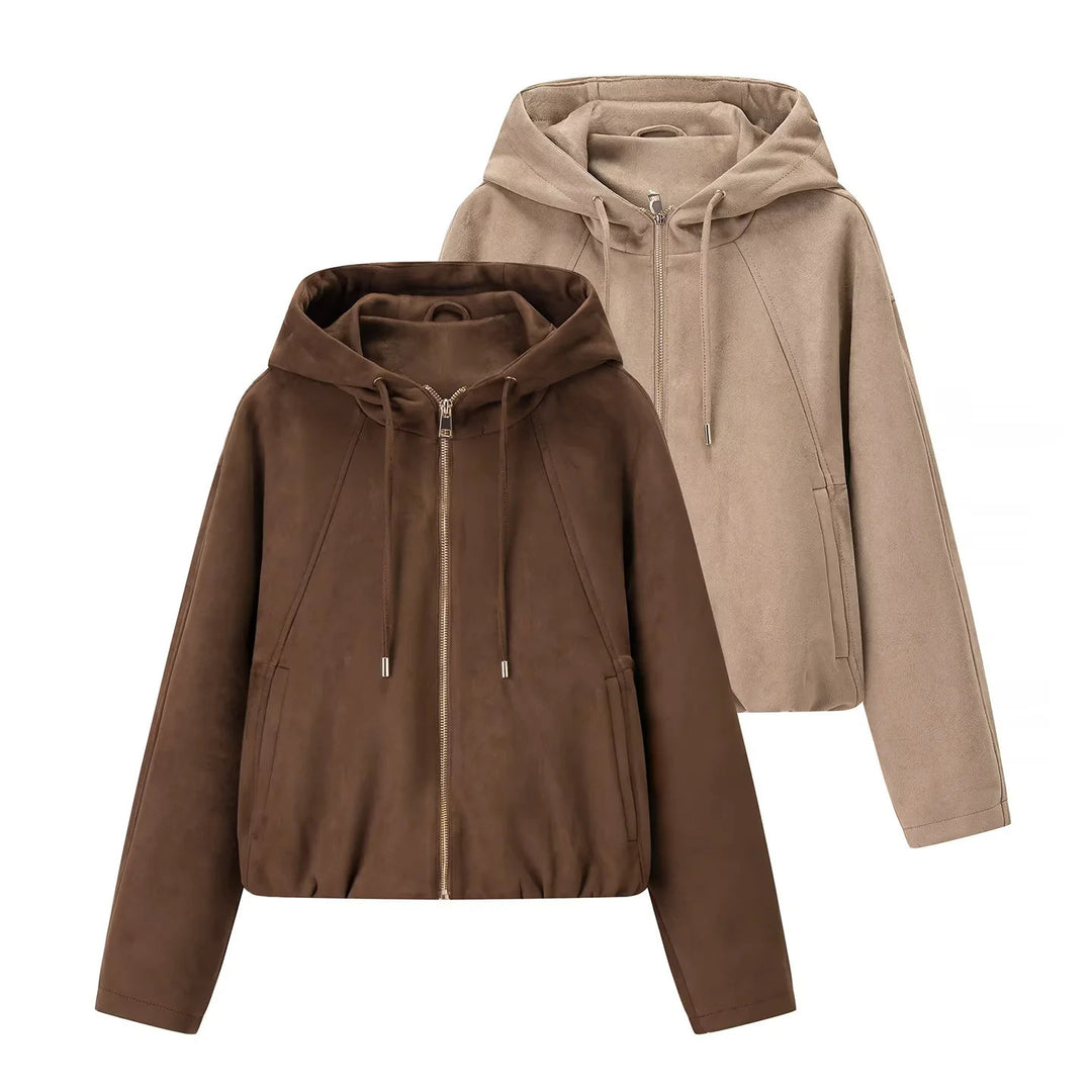 Damen nan kastige Veloursimitat-Kapuzenjacke mit verdecktem Reißverschluss und elastischem Saum Echo Archiv