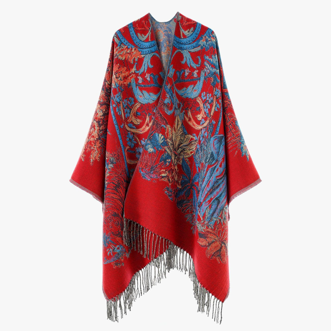 Damen Ornamentaler Jacquard‑Überwurf im Cape‑Stil mit Fransensaum – Avérine