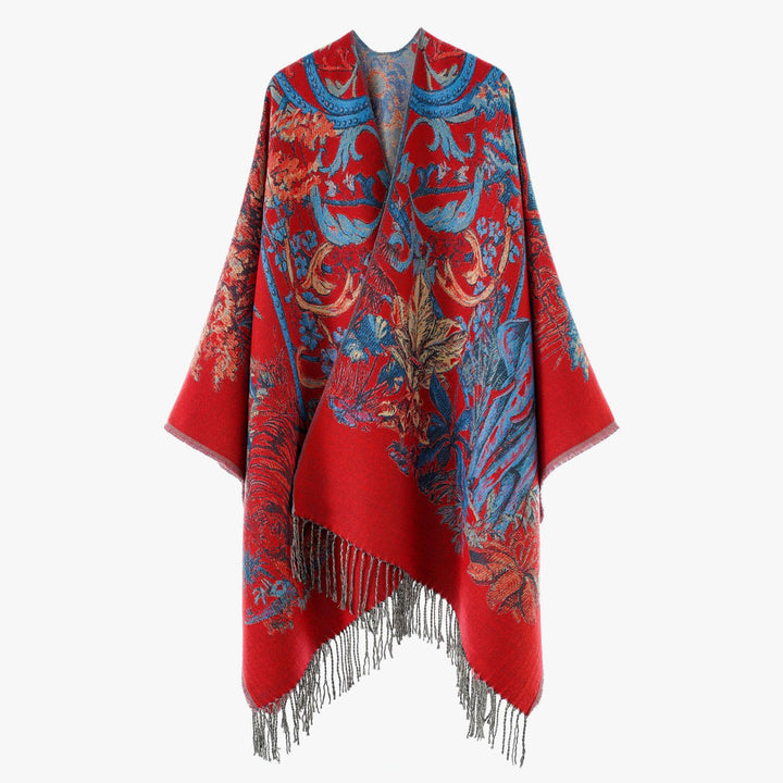 Damen Ornamentaler Jacquard‑Überwurf im Cape‑Stil mit Fransensaum – Avérine
