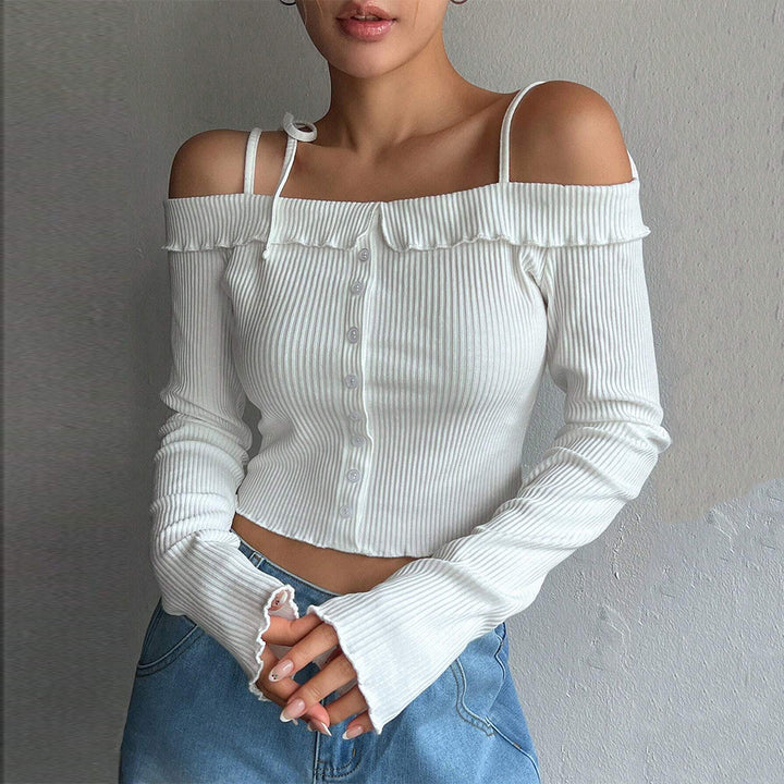Damen geripptes schulterfreies Langarm-Cropped-Top mit Knopfleiste und Rüschensaum – Avérine
