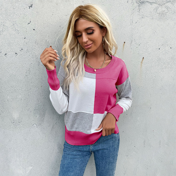 Damen Patchwork-Strickpullover mit kontrastierenden Feldern, Rundhalsausschnitt und gerippten Abschlüssen – Mavelle