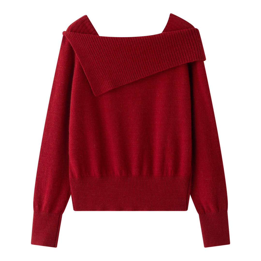 Damen Schulterfreier Oversize-Rippstrickpullover mit umgeschlagenem Kragen Echoarchiv