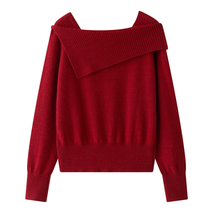 Damen Schulterfreier Oversize-Rippstrickpullover mit umgeschlagenem Kragen Echoarchiv