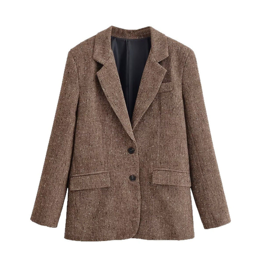 Damen Oversized Tweed-Blazer mit Fischgrätenstruktur, Pattentaschen und klassischem Revers Echo Archiv