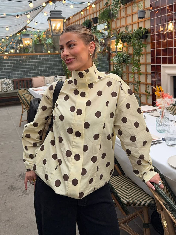 Damen Boxy Hemdjacke mit Stehkragen, Ballonärmeln und großem Polka‑Dot‑Print Echoarchiv
