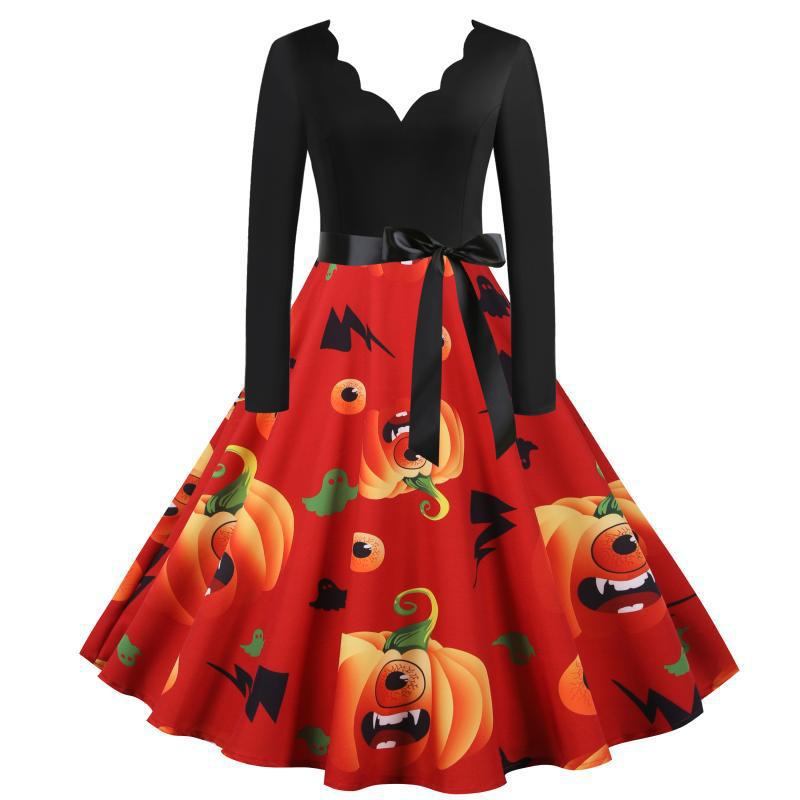 Damen Vintage Swing Kleid mit Halloween-Kürbis-Print und Taillengürtel – Élara