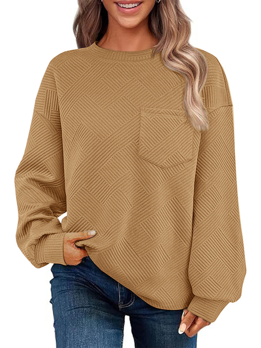 Damen Oversize Strukturstrick-Pullover mit Brusttasche Echoarchiv