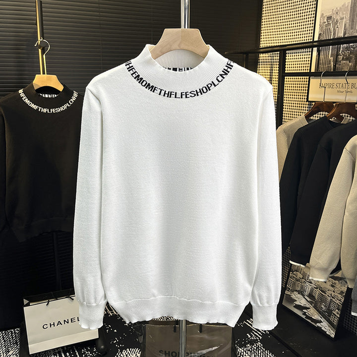 Unisex Feinstrickpullover mit kurzem Stehkragen und kontrastierendem Schriftkragen Echoarchiv