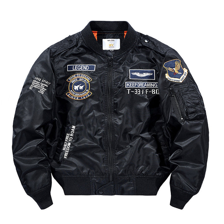 Herren Flight‑Bomberjacke mit Patch‑Applikationen, Ärmel‑Utilitytasche und orangefarbenem Innenfutter – Brevano