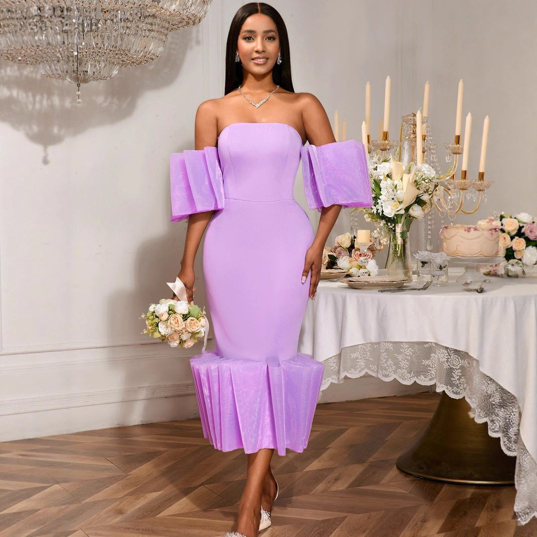 Damen Elegantes Midi-Kleid mit voluminösen Rüschenärmeln und asymmetrischem Saum Echo Archiv
