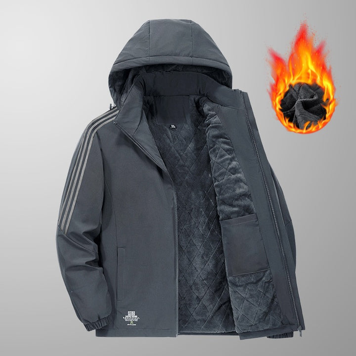 Herren Wattierte Kapuzen-Übergangsjacke mit gesteppter Teddy-Innenfütterung und markanten Ärmellängsstreifen Echoarchiv