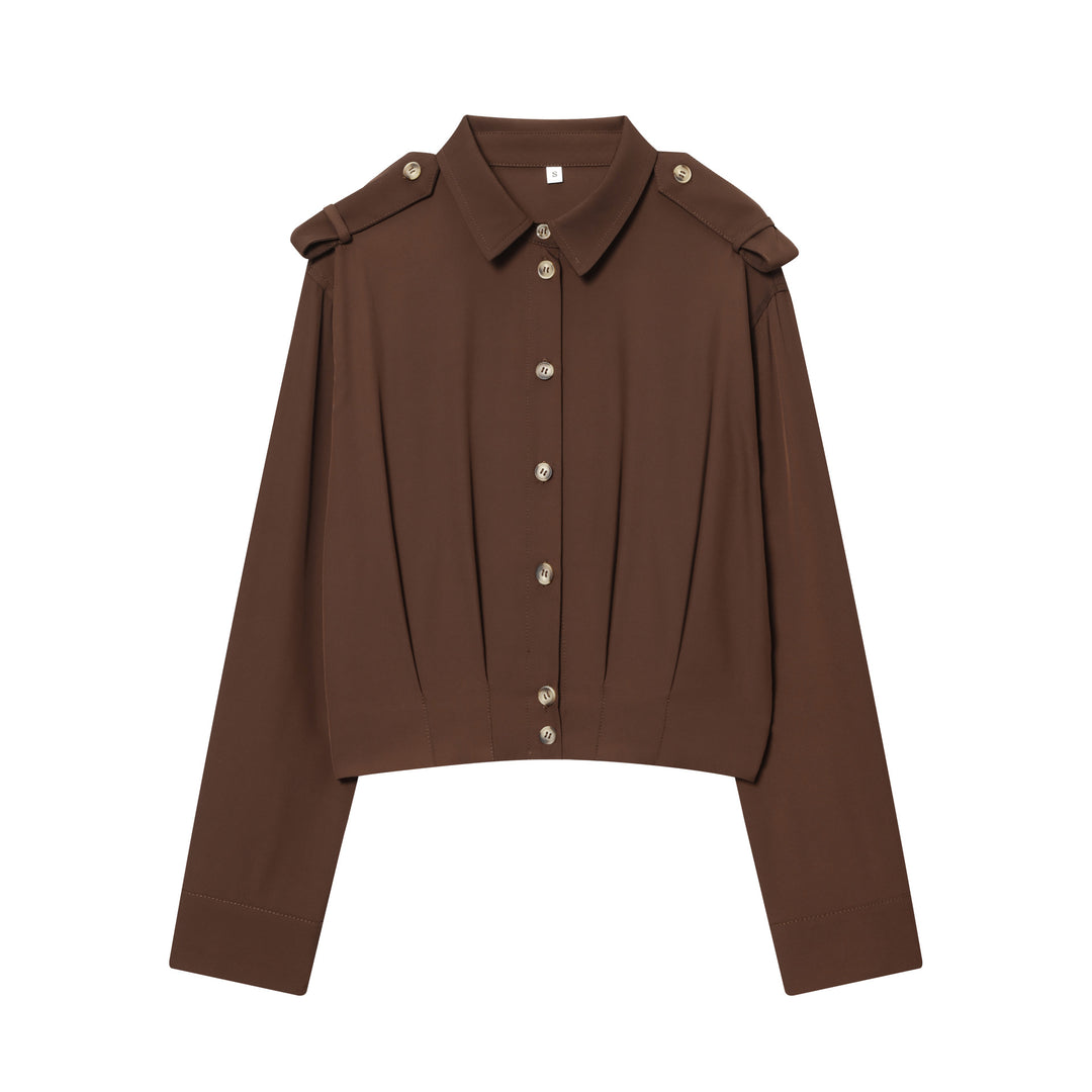 Damen taillierte Cropped-Hemdbluse mit Schulterklappen und Zierknopfleiste – Élovi