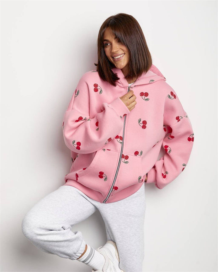 Damen verspielter Kapuzen-Zippullover mit Kirschenprint und oversized Passform – Auréline
