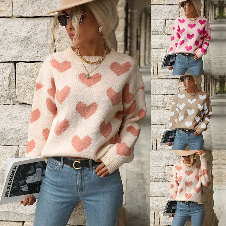Damen Oversize-Pullover mit Herzjacquard und Rundhalsausschnitt – Mavelle